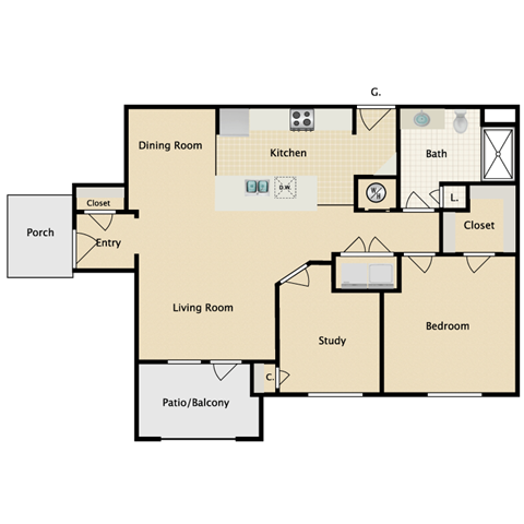 Floor plan for 1 bed, 1 bath, 948 sqft